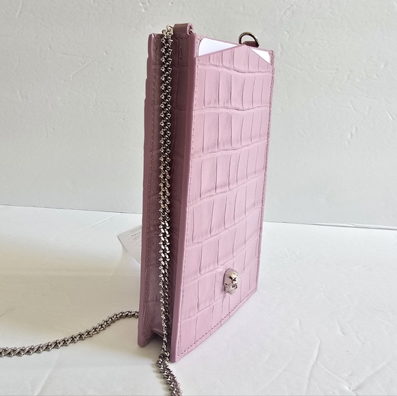 Alexander McQueen Skull Croc-Embossed Leather Phone-Case-On-Chain Pink - Picture 4 of 9